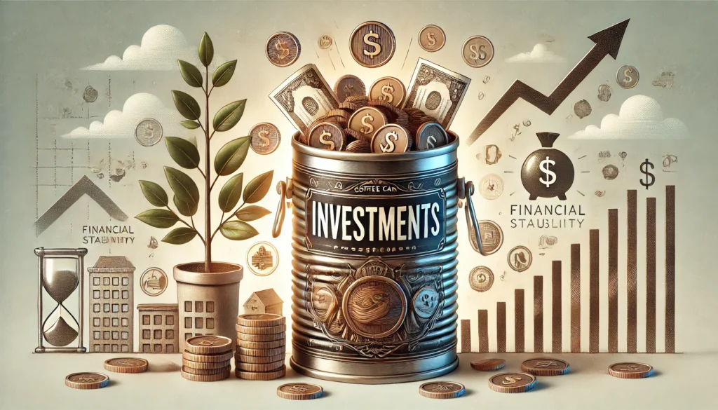 Investments, financial stability represented with coins and graphs.